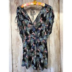 Women’s Tropical Leaf Print Romper Black Pink Blue Boho Beach Cover-Up Bluebell